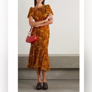 NWT RHODE Arabella Arabella Gathered Floral Velour Velvet Midi Dress Size 6